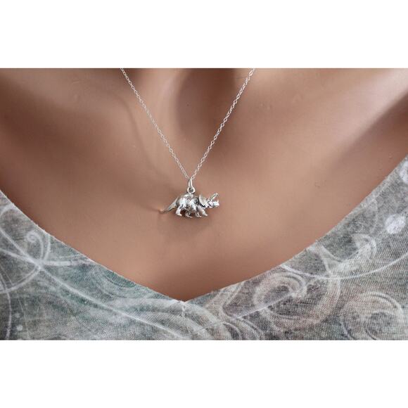 Sterling Silver Triceratops Dinosaur Charm Necklace - Picture 2 of 4